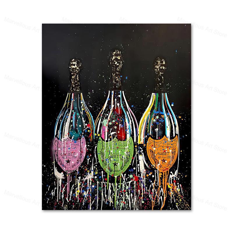 Colorful Champagne Bottle Canvas Painting Modern Graffiti Pop Art Posters and Print Wall Cuadros for Living Room Home Decor