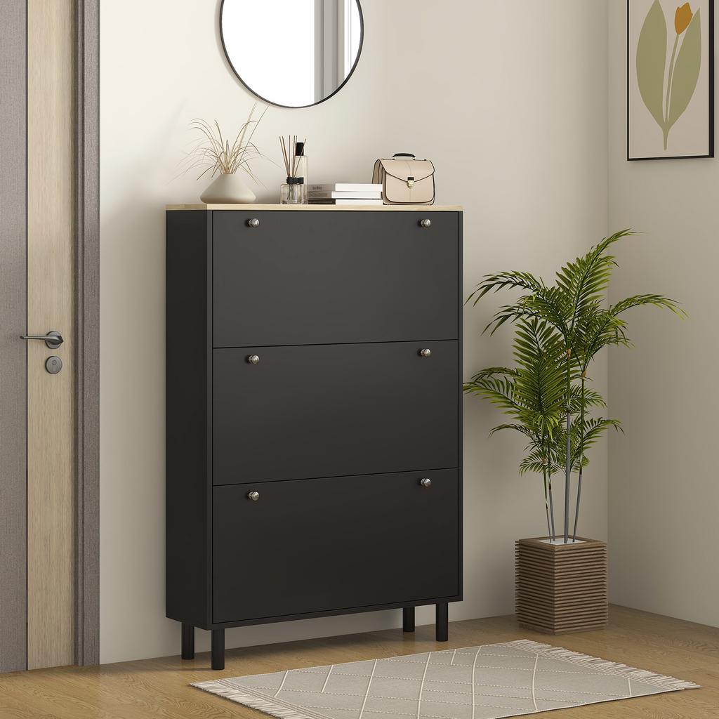 Shoe Cabinet for 24 Pairs, Narrow Shoe Cabinet with 3 Flip Drawers, Adjustable Shelves, Black