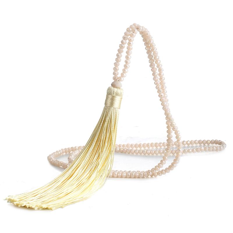 Fashion 14 Colors Long Fringe Silk Tassel Necklace Women Glass Bead Crystal Pendant Necklaces Statement Vintage Bohemian Jewelry