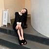 High-end exquisite and super good-looking coat with black knitted dress inside, women's autumn temperament, high-end small black dress