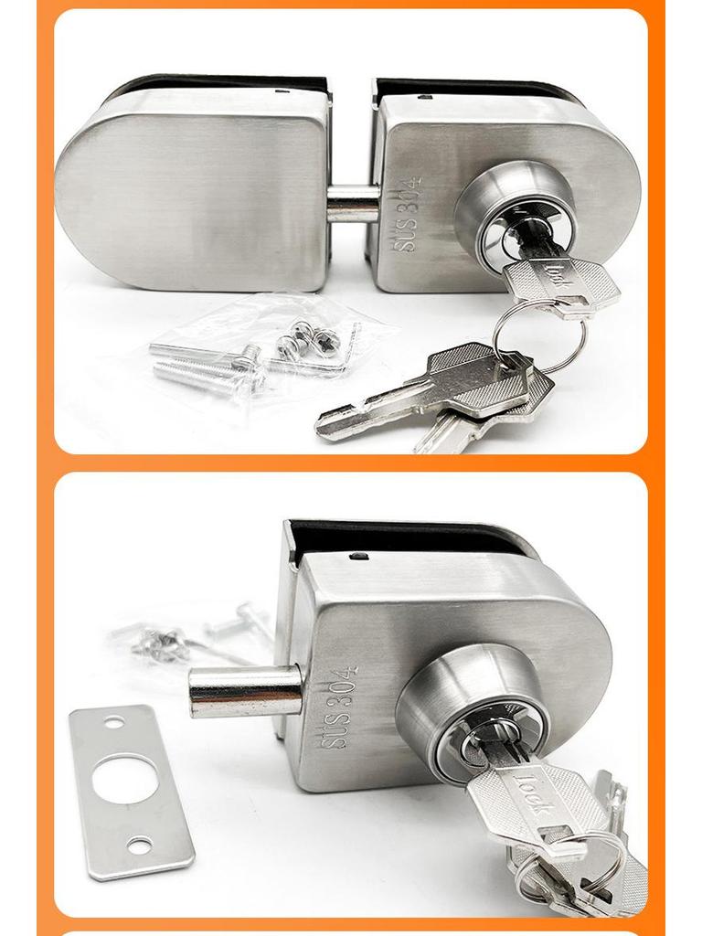 304 Stainless Steel Frameless Glass Door Bolt Lock for Single/Double Doors, No-Drill Padlock