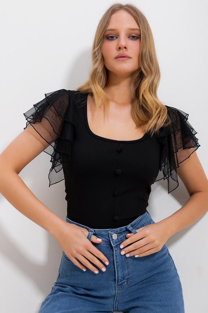 Women's Blouse New Season Fashion Black U-Neck Tulle Sleeve Button Detailed Blouse