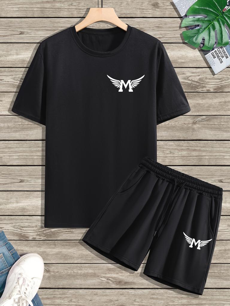 Men's Summer Black Trend Casual Fashion Letter Print Short Sleeve Shorts Set