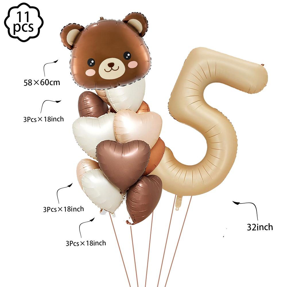 Coffee Brown Teddy Bear Balloon Number Heart Balloon Set Kid Birthday Party Decoration Baby Shower Wedding Valentine's Day Decor