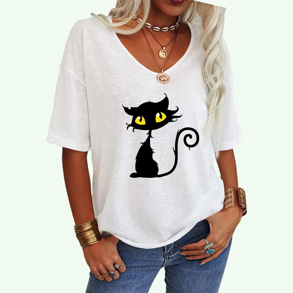 Women Fashion V Collar Loose Tee Shirt Casual Cat Print Top Ladies Short Sleeve T-shirt