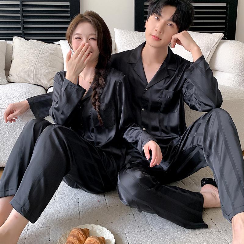 New Autumn Ice Silk Couple Pajamas: Women's Long Sleeve and Men's Luxury Style Homewear.