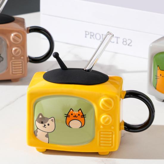 Retro Cat TV Ceramic Mug with Lid & Straw 450ml Cute Coffee Cup Leak-Proof Heat Resistant TV Shape Milk Beer Mugs Novelty Gift Home Decor
