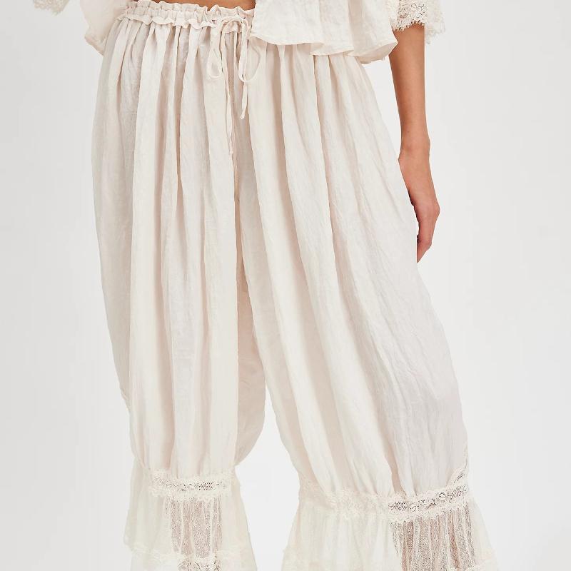 High Waist Wide Leg Pants with Lace Trim, Casual Boho Palazzo Trousers for Women
