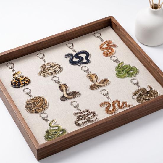 Portable Acrylic Decor 12Pcs 2D Snake Keychain Set, Lizard Reptile Insect Key Realistic Animal Ring Holder, Decorative Pendant for Backpacks Handbags