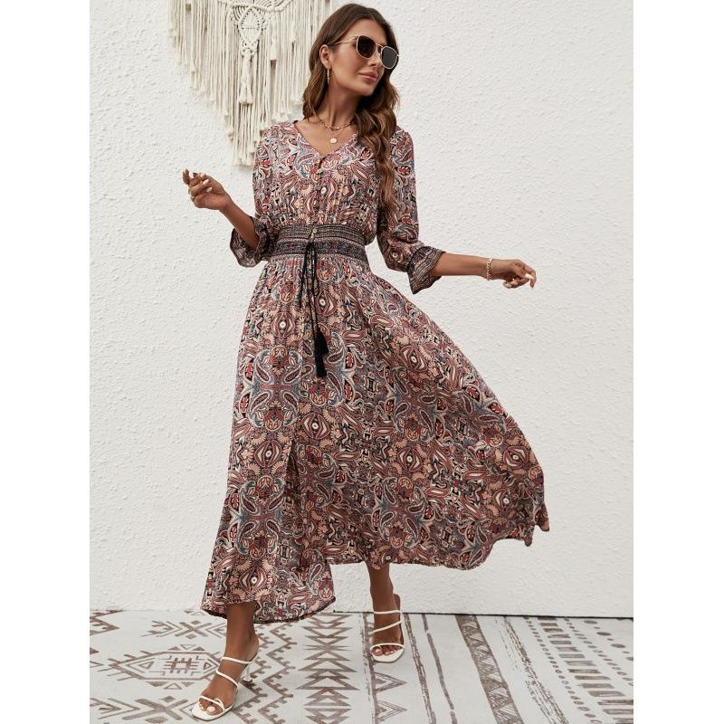 Women's Summer V-Neck Print Waist Bohemian Dress Holiday Breasted Beach Dress
