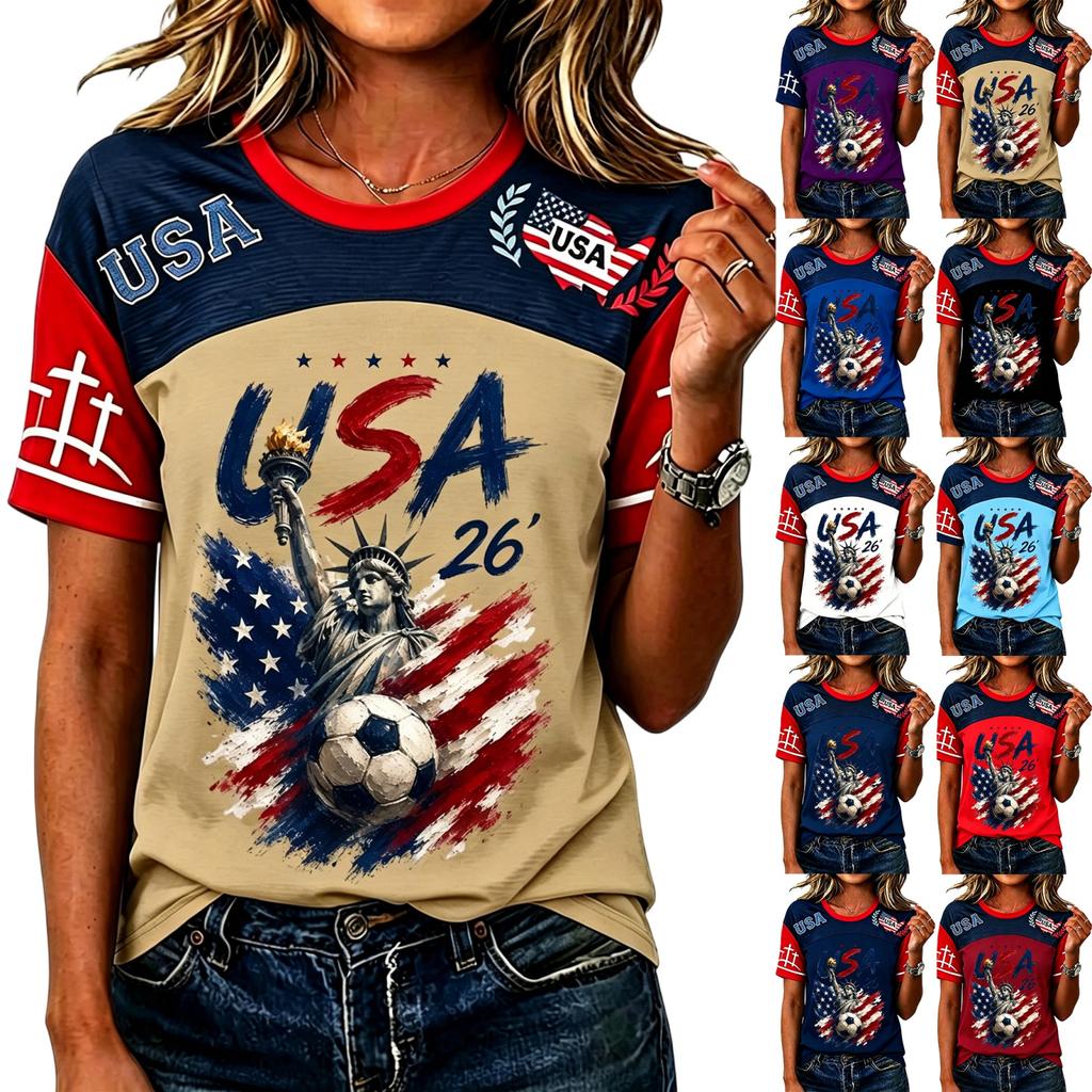 Women’s Casual Short Sleeve Pullover Crewneck Top with Soccer Graphic and USA Letter Print for Everyday Wear
