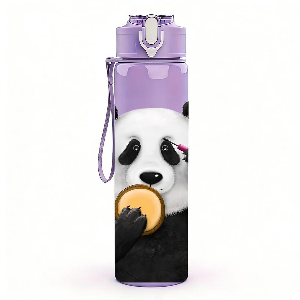 1PC Panda Holding Fruit Bite Pattern 750ml Color Plastic Sports Water Bottle Leakproof Flip Straw Lid Suitable for Sports Office Home Use