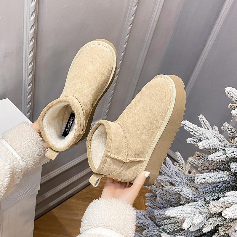 XD2 leather home fleece short boots thick-soled snow boots women's plush cotton slippers
