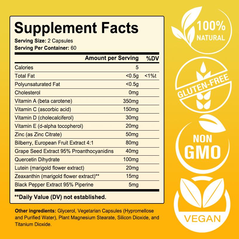 Total Eye Complex Capsules 860mg, Lutein & Zeaxanthin Bilberry Extract, 120CT, Vegan Non‑GMO Gluten‑Free