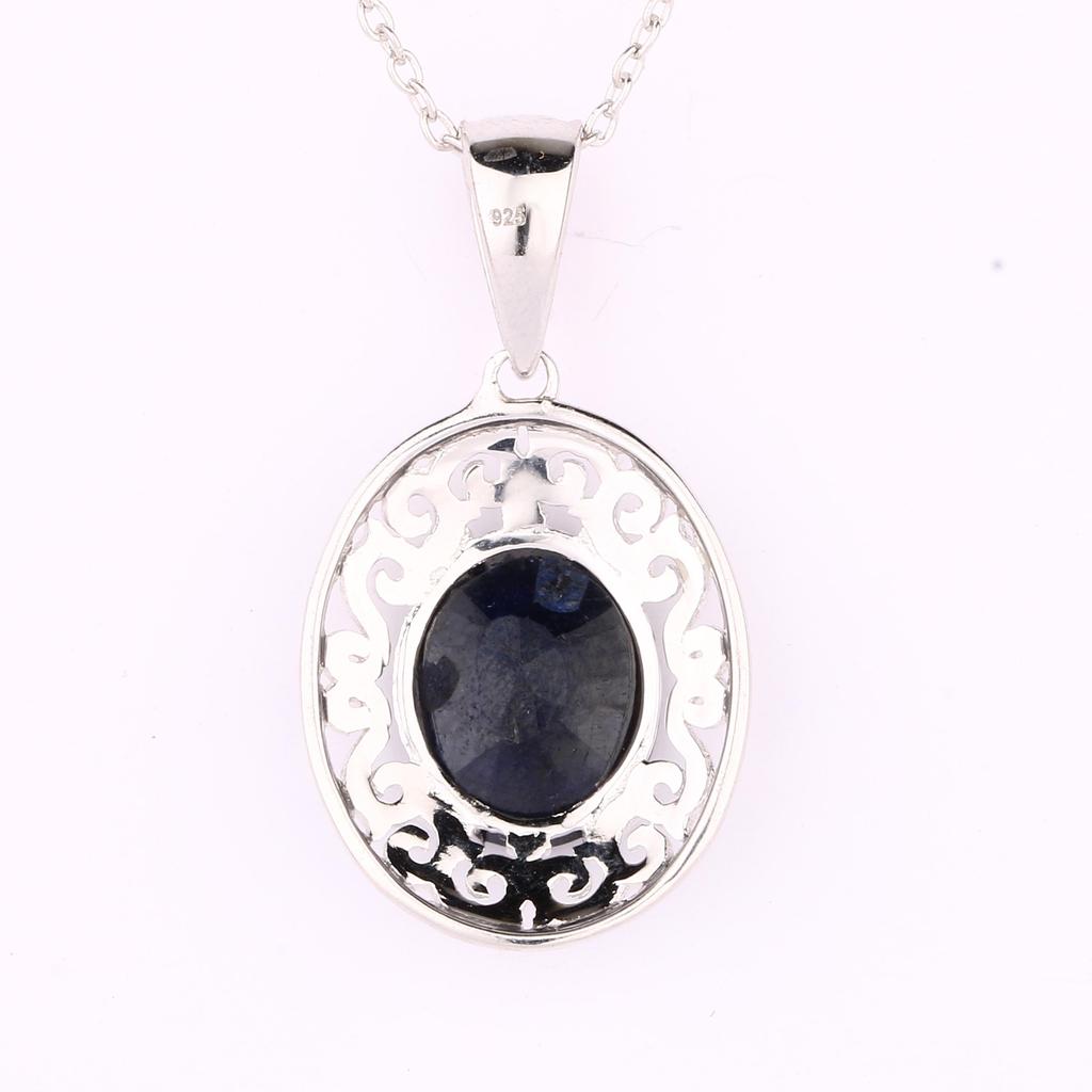 925 Sterling Silver Dyed Sapphire Oval Pendant 11x9mm Rhodium Plated Handmade Fine Jewelry Gift for Her