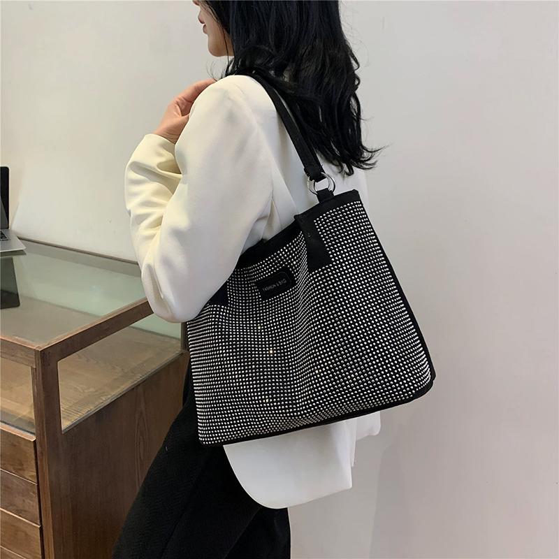 Hasp Pu Ladies Shoulder Bags Rhinestone Design Sewing Thread Bags for Women New Fashion Underarm Shopper Totes CLE