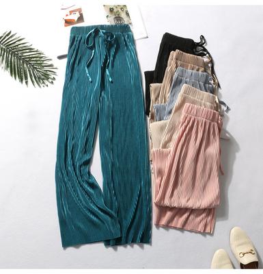 Pantalones de pierna ancha de verano a la moda para mujer, pantalones plisados ​​de seda de hielo, pantalones casuales sueltos con cintura elástica