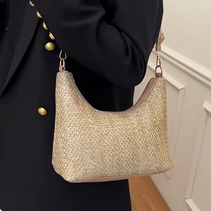 Borsa di Paglia Intrecciata Carina Fatta a Mano Intrecciata Grande Capacità Borsa a Spalla Borsa Tote in Rattan Borsa Hobo Sottospalla da Donna