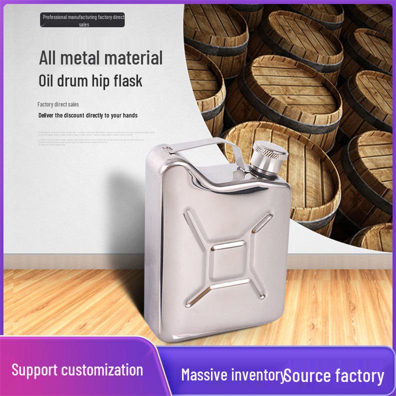 

Stainless Steel Oil Drum-Shaped Wine Flask, 2.8 Liang, Mirror Finish, Portable for Outdoor Use