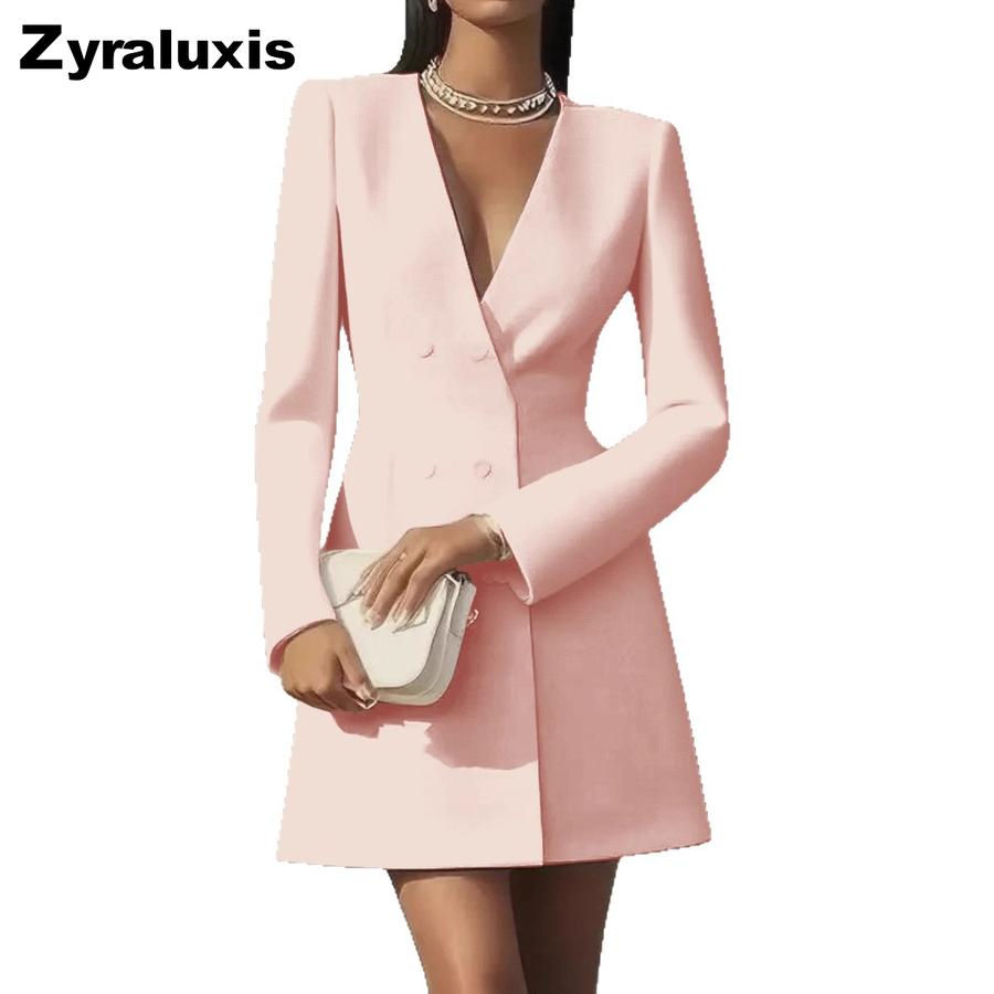 Hot Selling Overseas Long Sleeve Double Row Button Solid Color V-Neck Suit Dress for Girls