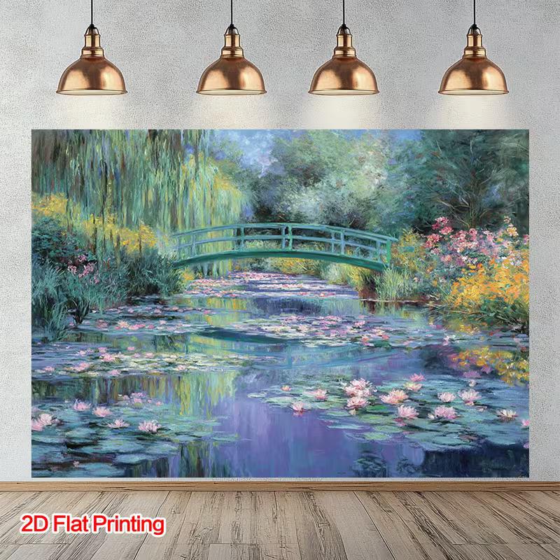 2D Famous Painting Banner, Monet Water Lily Garden with Bridge 47.2x31.5inch/120*80cm