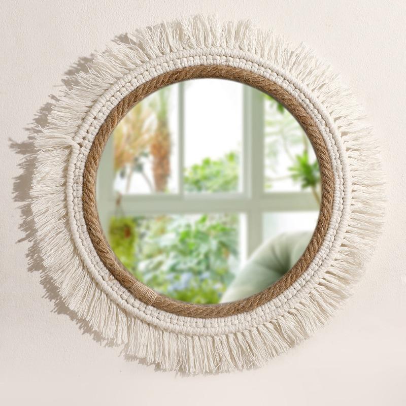 1pc Cotton Rope Woven Mirror Round Tassel Wall Hang Simple Tapestry For Home Bedroom Living Room Entry Art Decor