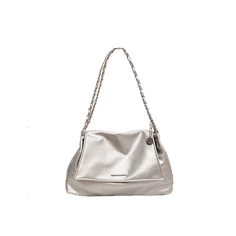 Silver oil wax soft leather bag women's 2026 new plaid shoulder bag large capacity commuter chain messenger tote bag