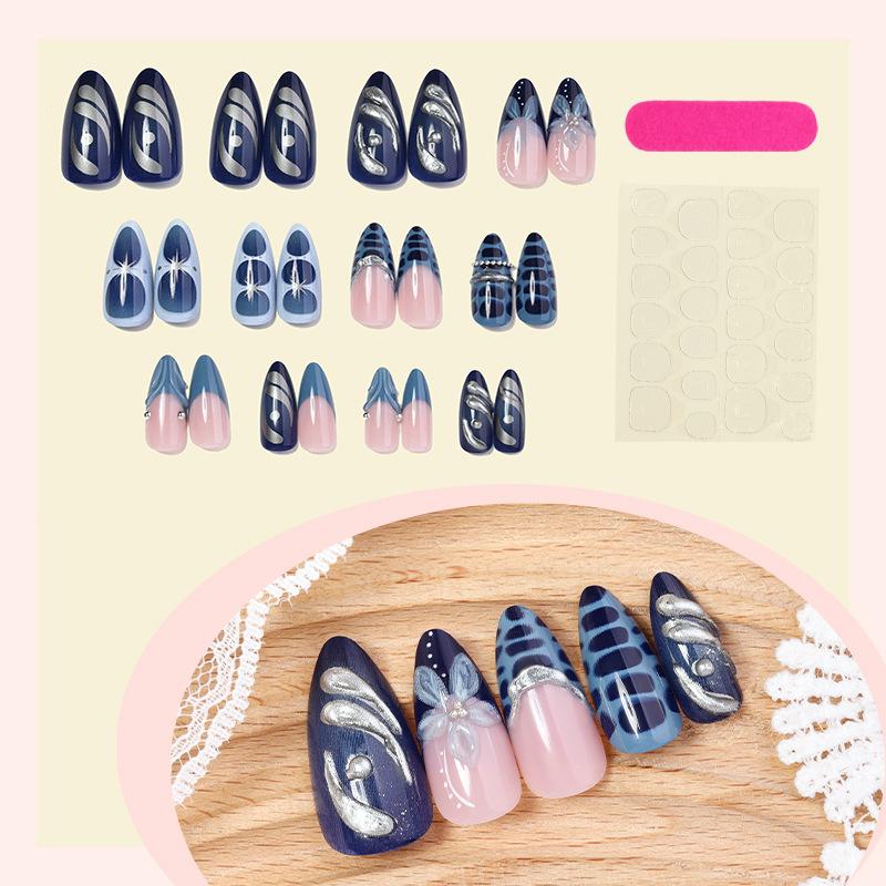 Heavy metal three-dimensional wearing nail pure handmade almond fake nail blue French gradual change nail art wholesale
