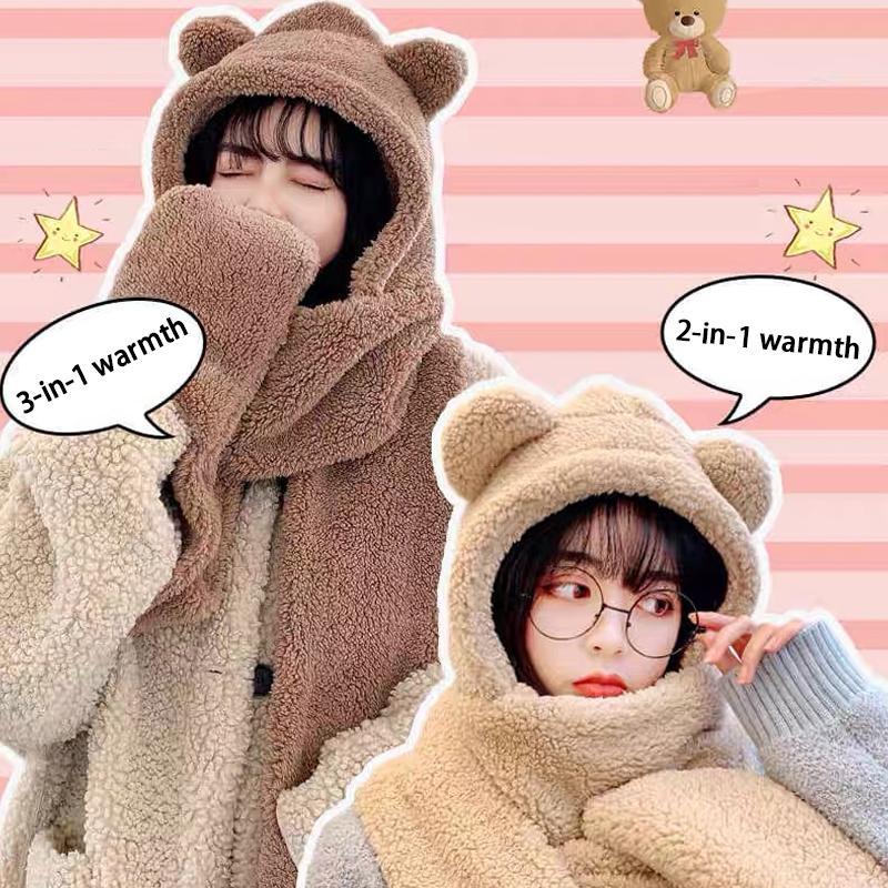 Cute Bear Ear Hat Scarf Gloves Set Thicken Women Beanies Caps Winter Warm Windproof Ear Protection Hat