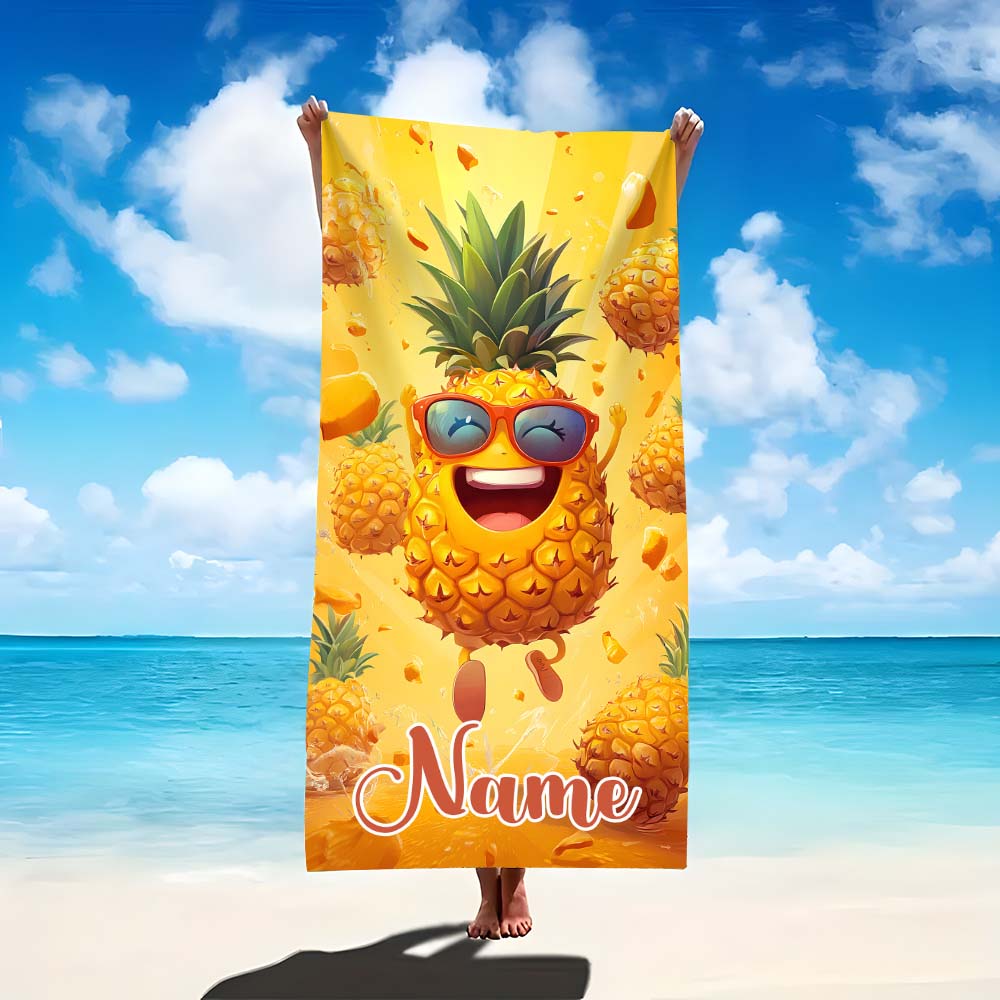 1pc Custom Cute Pineapple Cartoon Beach Towel, Personalized Name Summer Pool Towel for Vacation