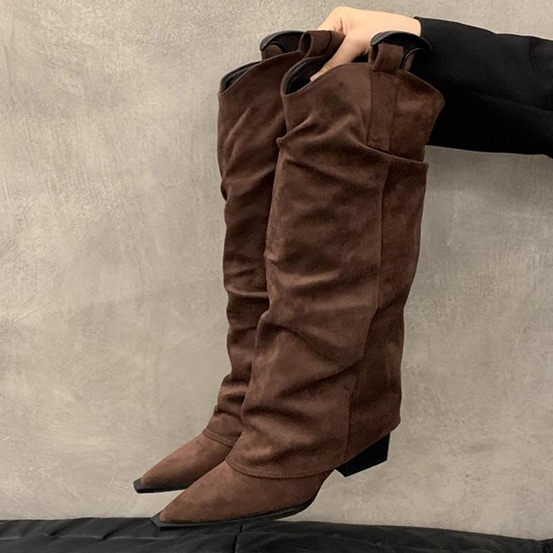 

Зимние дизайнерские женские сапоги до колена, модные заостренные носки, длинные ботильоны, дизайнерские толстые каблуки, Botas De Mujer 35