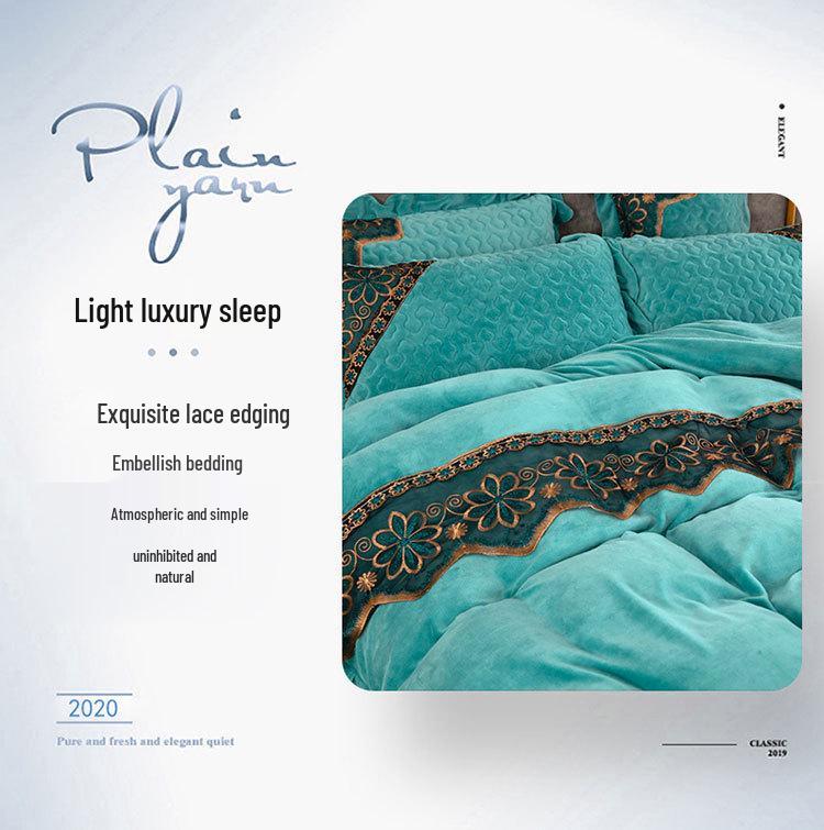 220g Quilted Bed Skirt Set: Warm Milk Velvet with Lace Embroidery (Four Pieces)