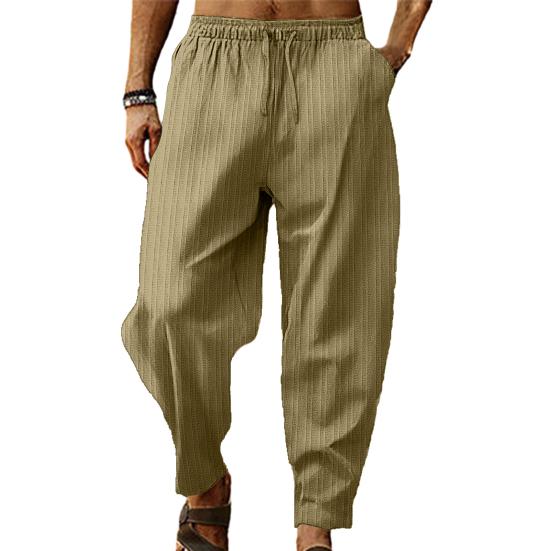 Pantaloni da uomo con coulisse, elastico in vita, gamba larga, a righe, cavallo profondo, tinta unita, larghi, morbidi, traspiranti, sportivi