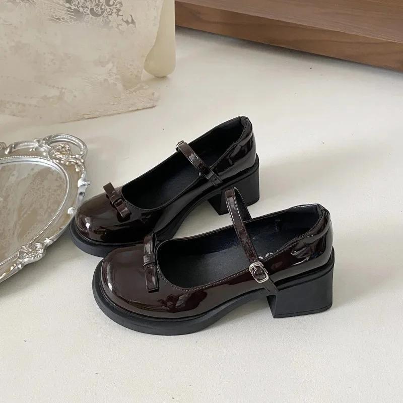 Retro Mary Jane Shoes Women's Chunky Heel Butterfly Knot Japanese JK Style Brown Buckle Strap Simple Design Summer Shoes