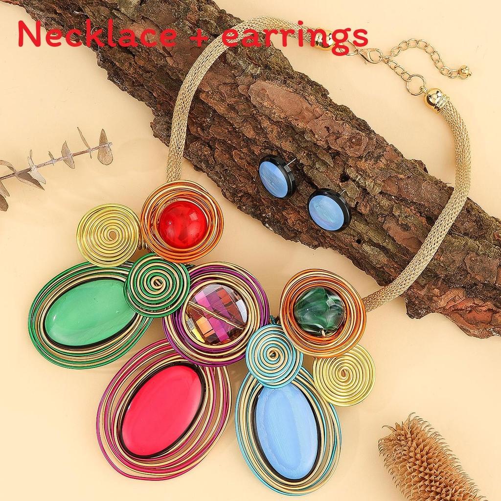 Geometric Exaggerated Crystal Jewelry Set With Alloy Necklace Earrings For Style Youth