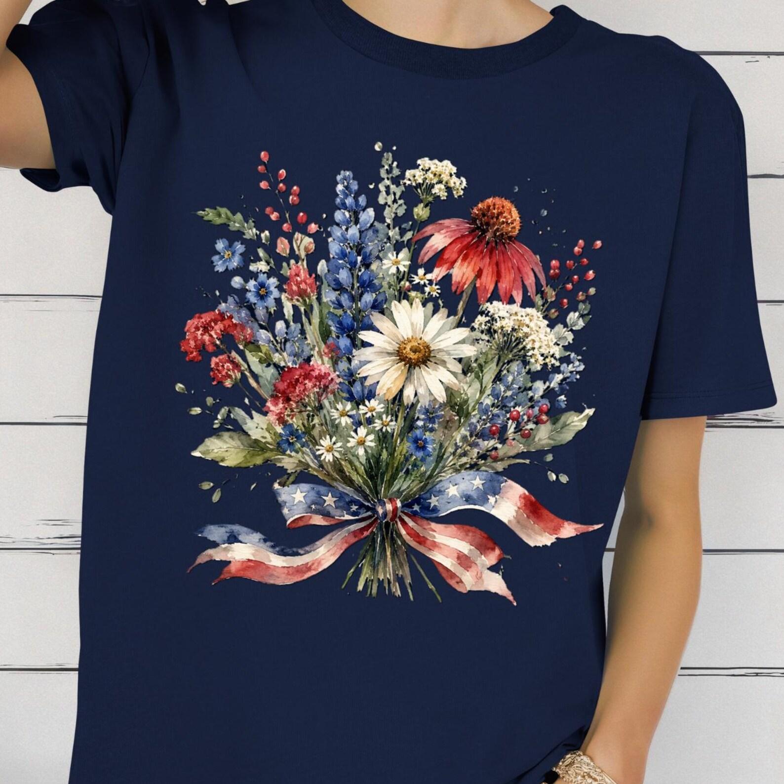 Patriotic BouqueT shirt, American Wildflower Tee, Red White Blue Flower Shirt, Fourth of July Floral Tee, USA BouqueT shirt M