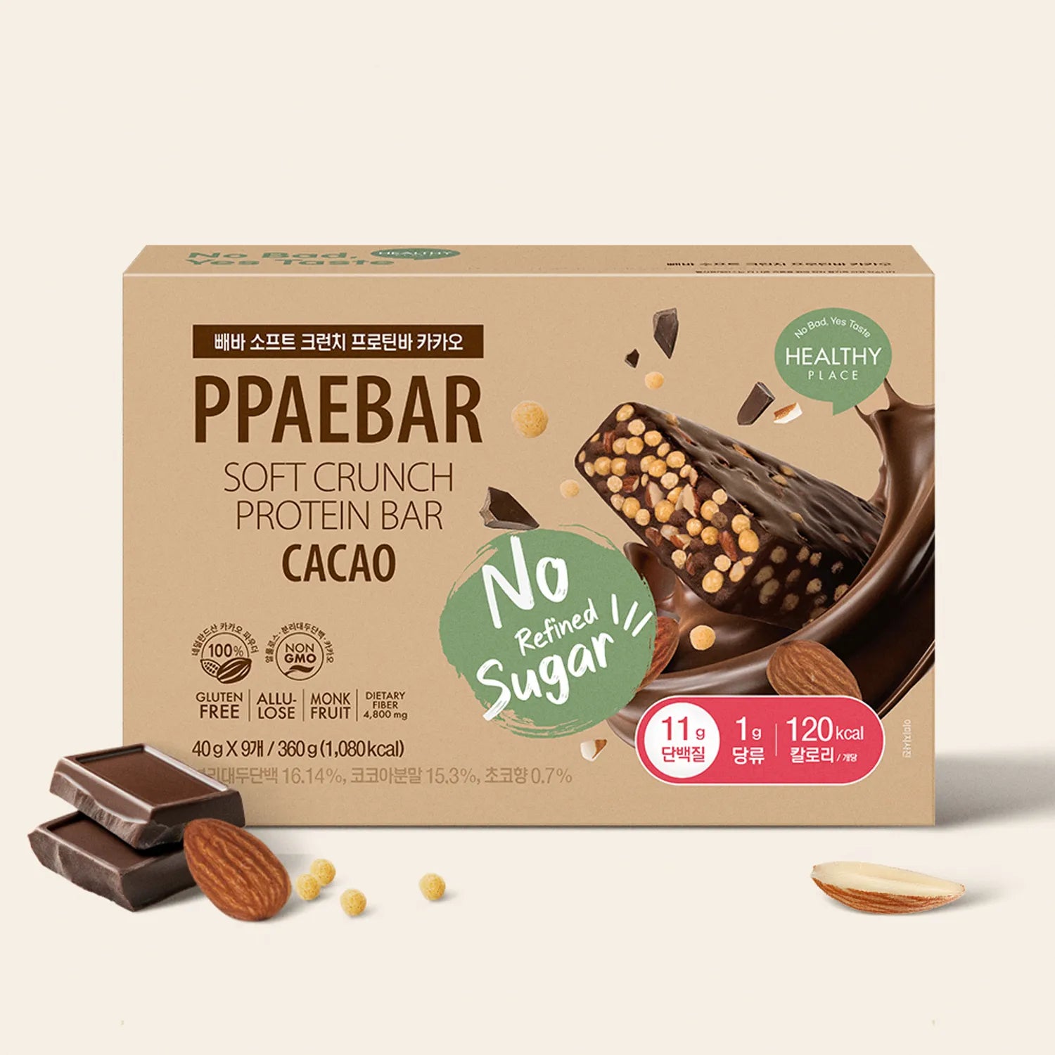 PPAEBAR Soft Crunch Protein Bar 40g #Cacao 1 Box (9ea) 40g