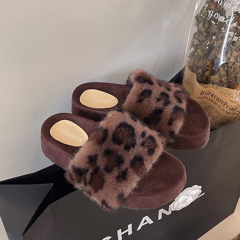 Thick-bottomed Fluffy Slippers for Women To Wear Outside Autumn and Winter Square Head Retro Leopard Print Comfortable Versatile Slope Heel One-word C