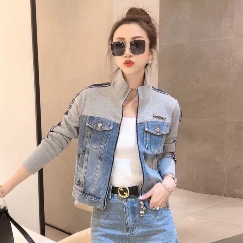 Women's 2023 Korean-Style Retro Patchwork Denim Jacket - Age-Reducing Short Zipper Stand Collar, Long-Sleeved Top for Spring