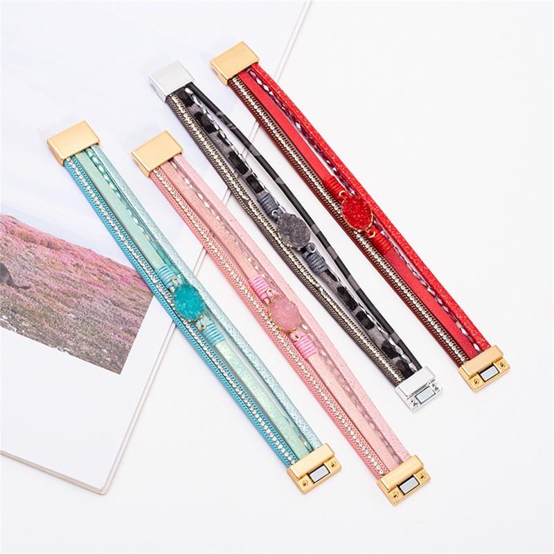 Crystal Rhinestone Vintage Ethnic Beaded Magnetic Clasp Leather PU Bracelet Women Men