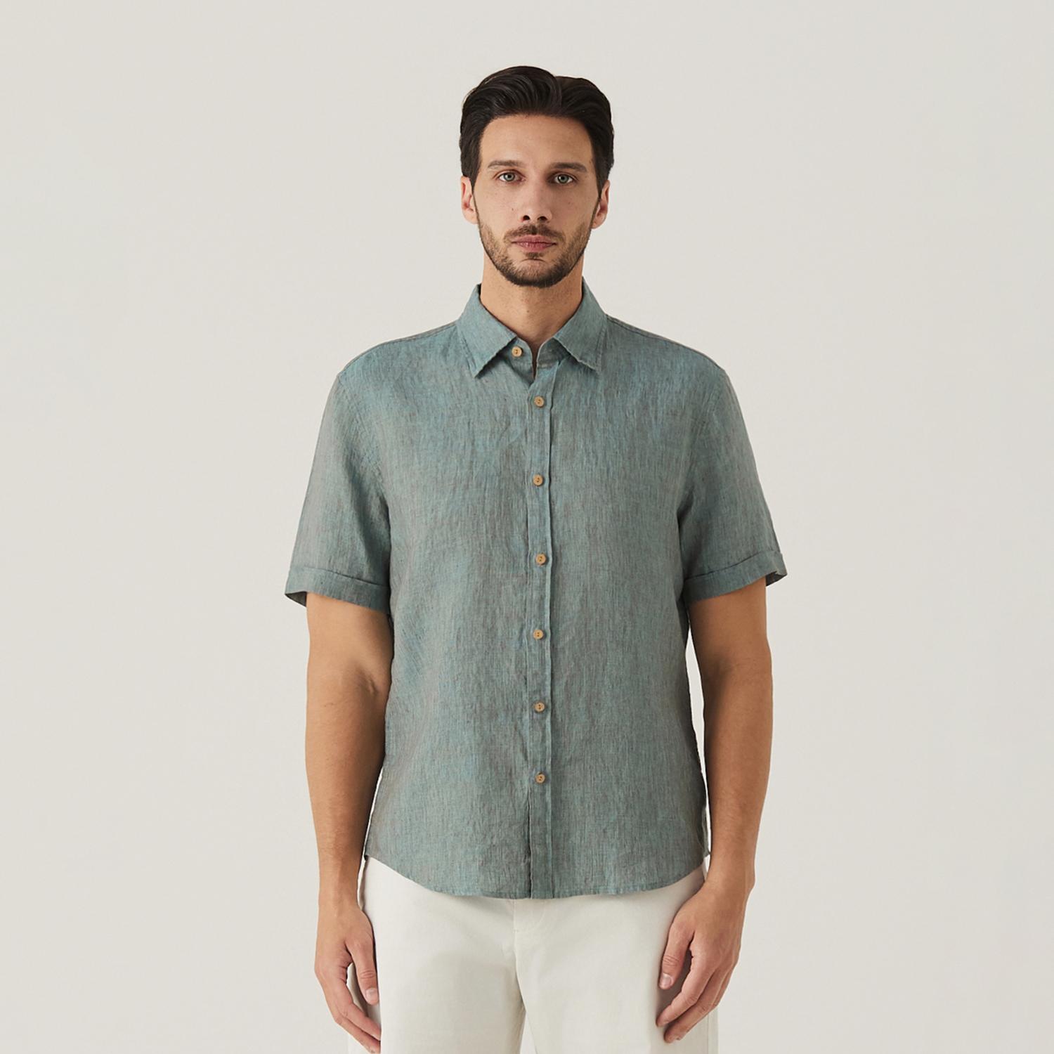Ferraro Milano Short Sleeve Two-Tone Linen Shirt T/Blue (Am0Ftwb20247) Blue.Am0Ftwb202/105