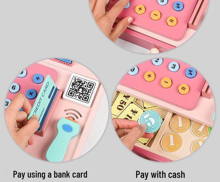 Wooden Play Cash Register with Coins & Card Swiper - Cognitive Learning Toy for Kids