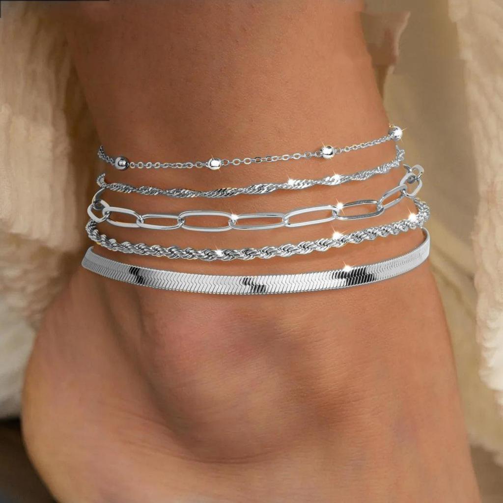 Trendy Multi-layer Sparkling Snake Bone Anklet Set