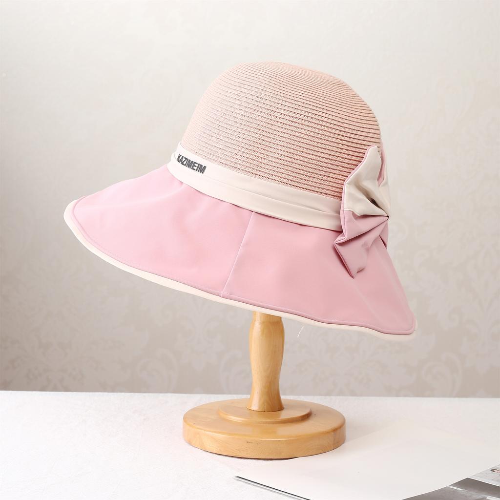 Summer outdoor travel sunscreen bucket hat new fashion splicing visor bow student big eaves hat
