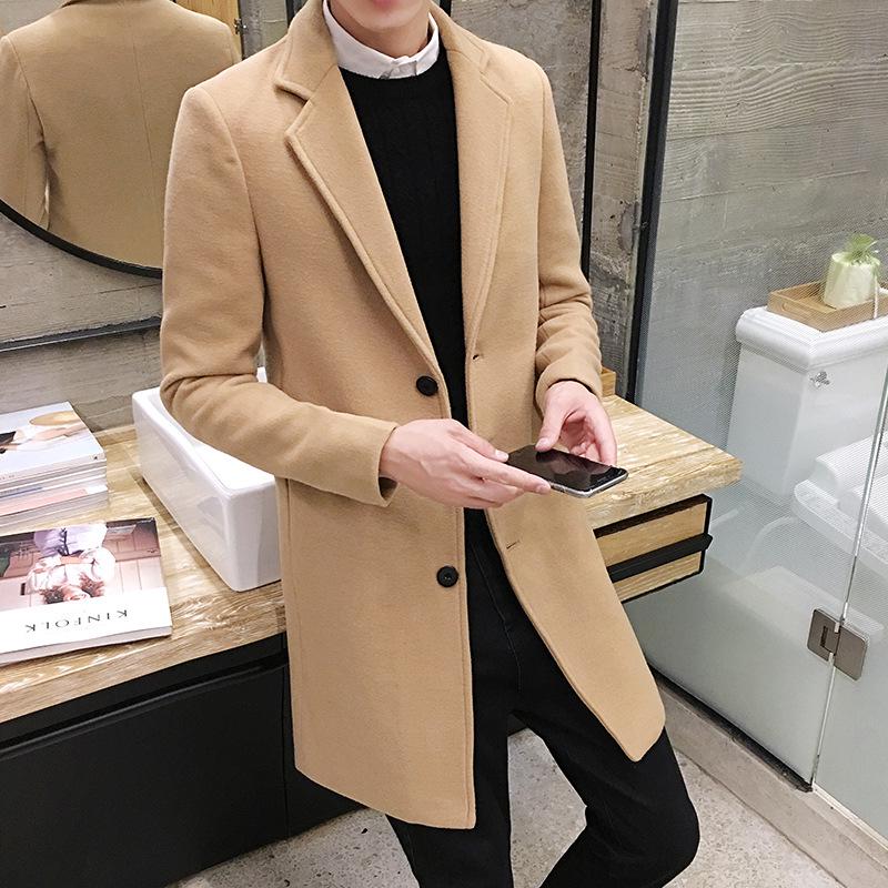 Men's Slim Fit Wool Trench Coat - Korean Style Mid-Length, Plus Size, Trendy British Design