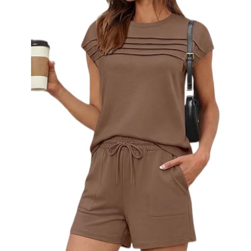 2026 Summer European & American Fashion Striped Casual Top and Solid Color Shorts Set for Women