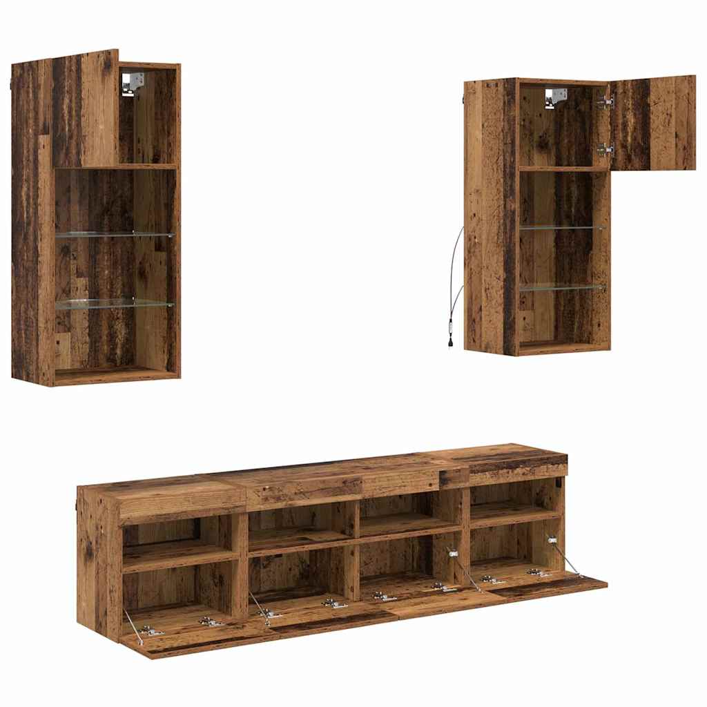 Wall Mounted TV Unit with LED Lighting 5 pcs Reclaimed Wood Look 40.5 x 30 x 90 cm