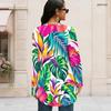 Women Plus Size Round Neck Long Sleeve Tropical Leaf Floral Printed Loose High Low Hem T Shirt