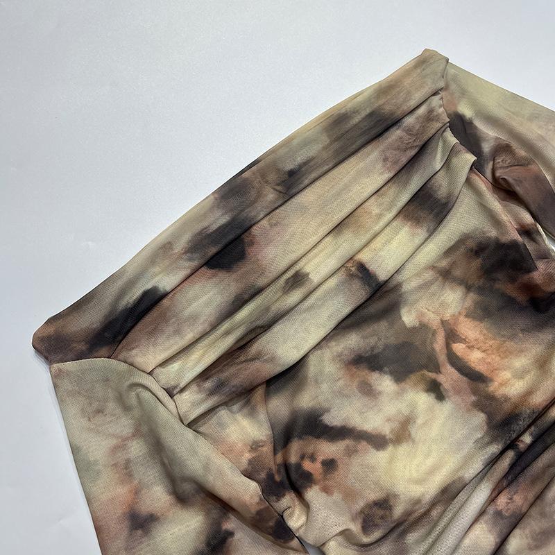 Spring Women's Blouse 3D Printed Neckless Slim T-Shirt Vintage Sexy One Shoulder Pressure Pleat Top