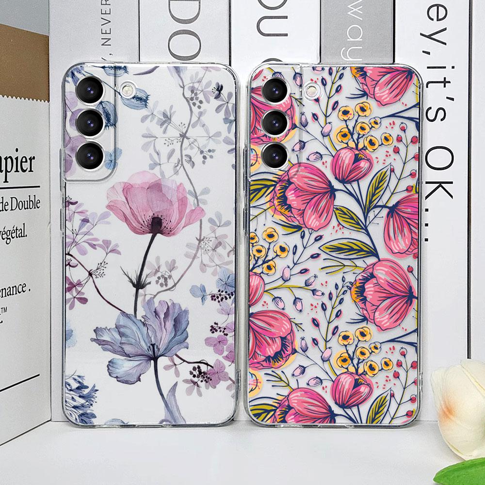Floral Palm Leaf Flower Painted Phone Case for Samsung Galaxy S25 24 S23 S22 S21 Ultra Plus FE 5G Transparent Soft Cover Fundas